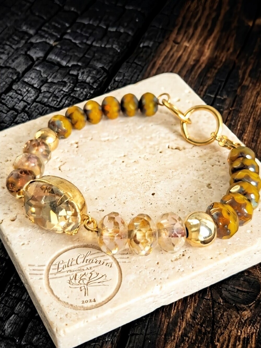 Yellow Jonquil Czech Glass Beads W/ A Center Swarovski Crystal Center Bracelet
